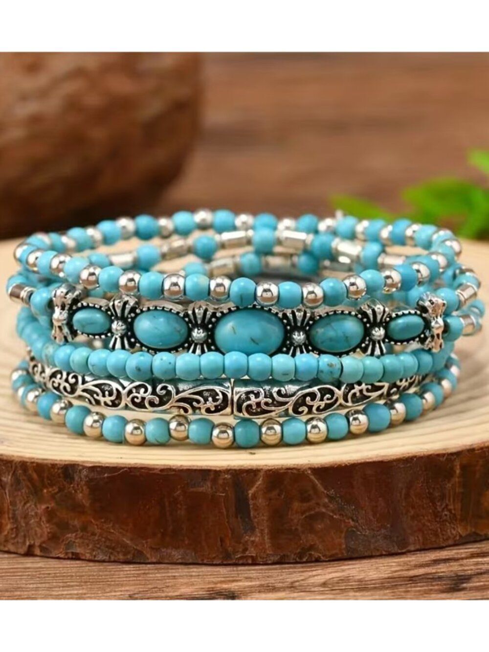 Boho-Chic Bracelet Set Vintage-Inspired Imitation Turquoise Beads Stackable 5pcs